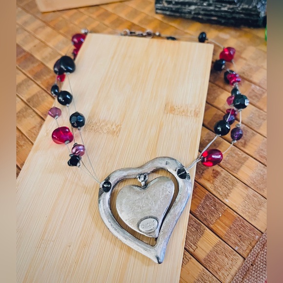 Chicos Red & Black Multi Strand Silver Heart Pendant Necklaces + Dangle Earrings - Picture 12 of 14